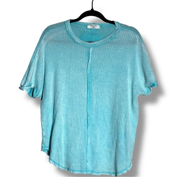 Zenana Women's Small/Medium Aqua Blue Knit Short Sleeve Distressed Crewneck Top - Picture 15 of 16